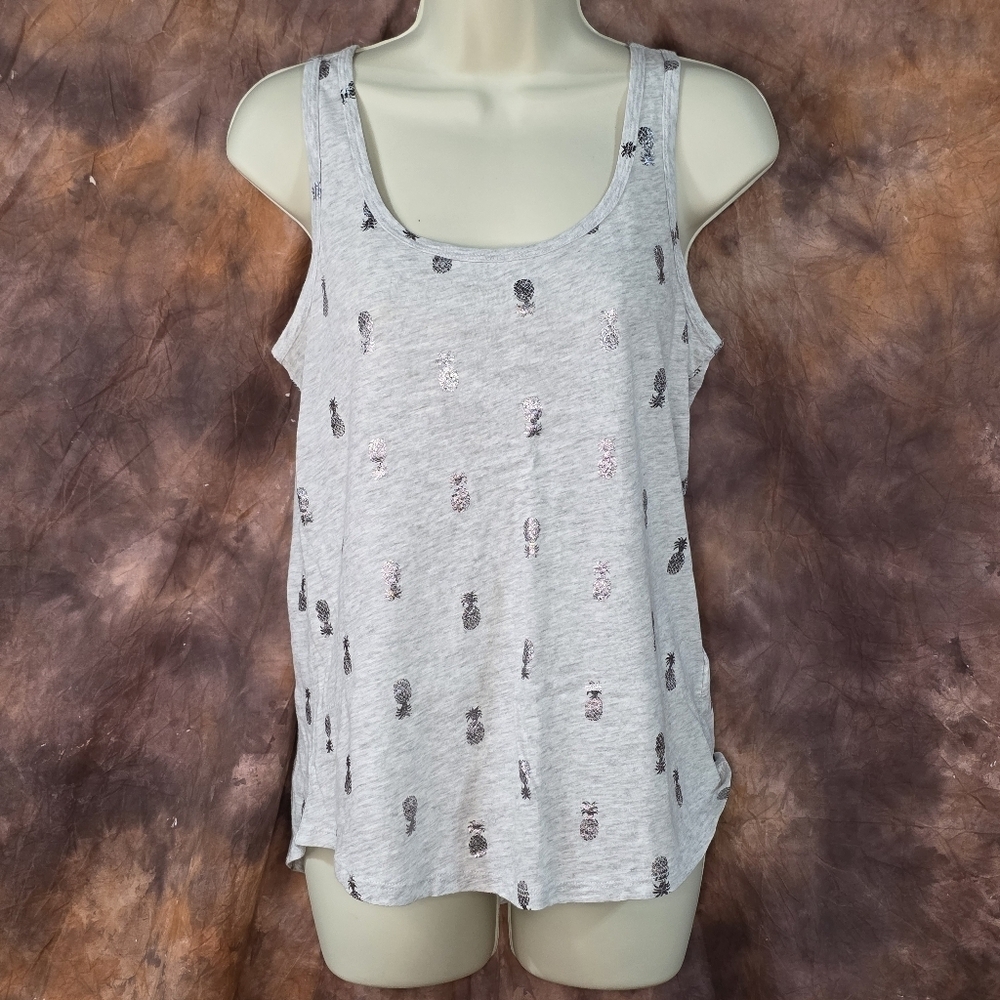 Old Navy Tank Slub Knit Gray Silver Metallic Pineapple Print S